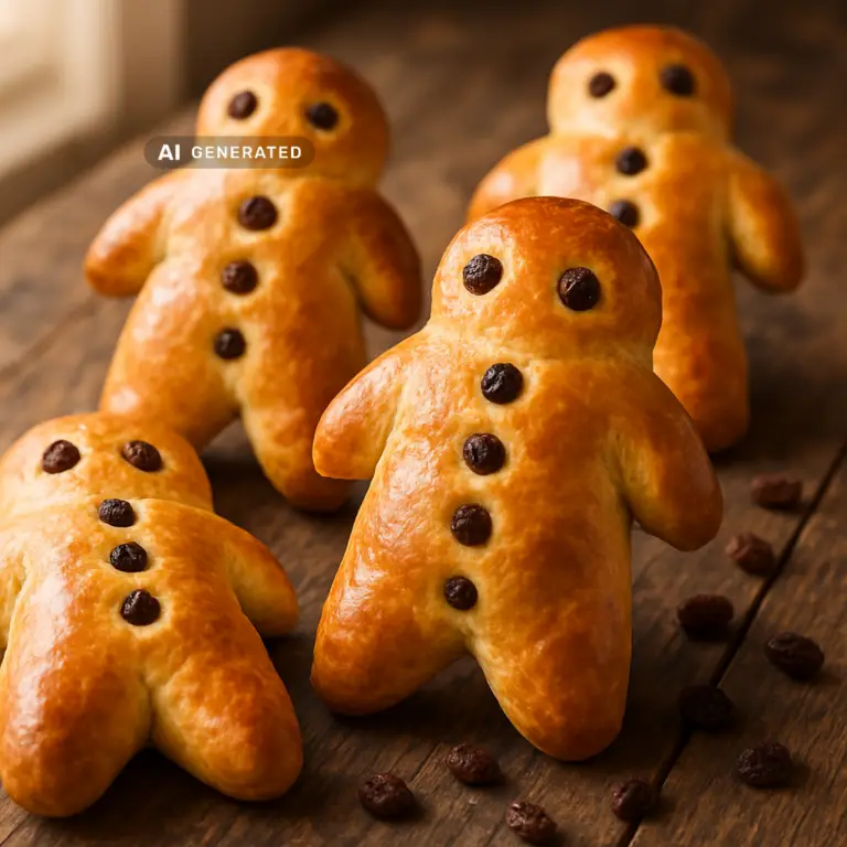Veganer Weckmann mit Rosinen als Augen und Knöpfen, frisch gebacken auf einem Holztisch