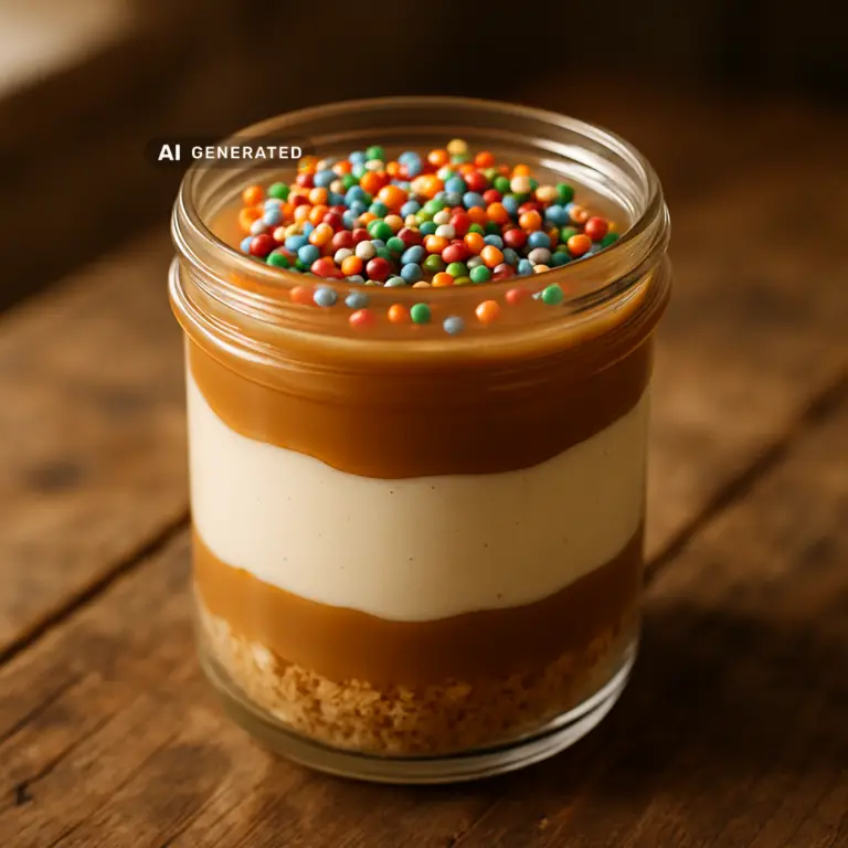 Veganes Schichtdessert im Glas mit Vanille-Karamell-Creme und bunten Streuseln im Dot-Cake-Stil