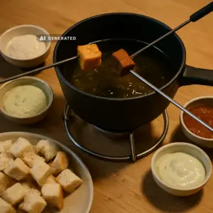 Veganes Fondue Bourguignonne mit mariniertem Tofu und Seitan am Tisch mit drei Dips