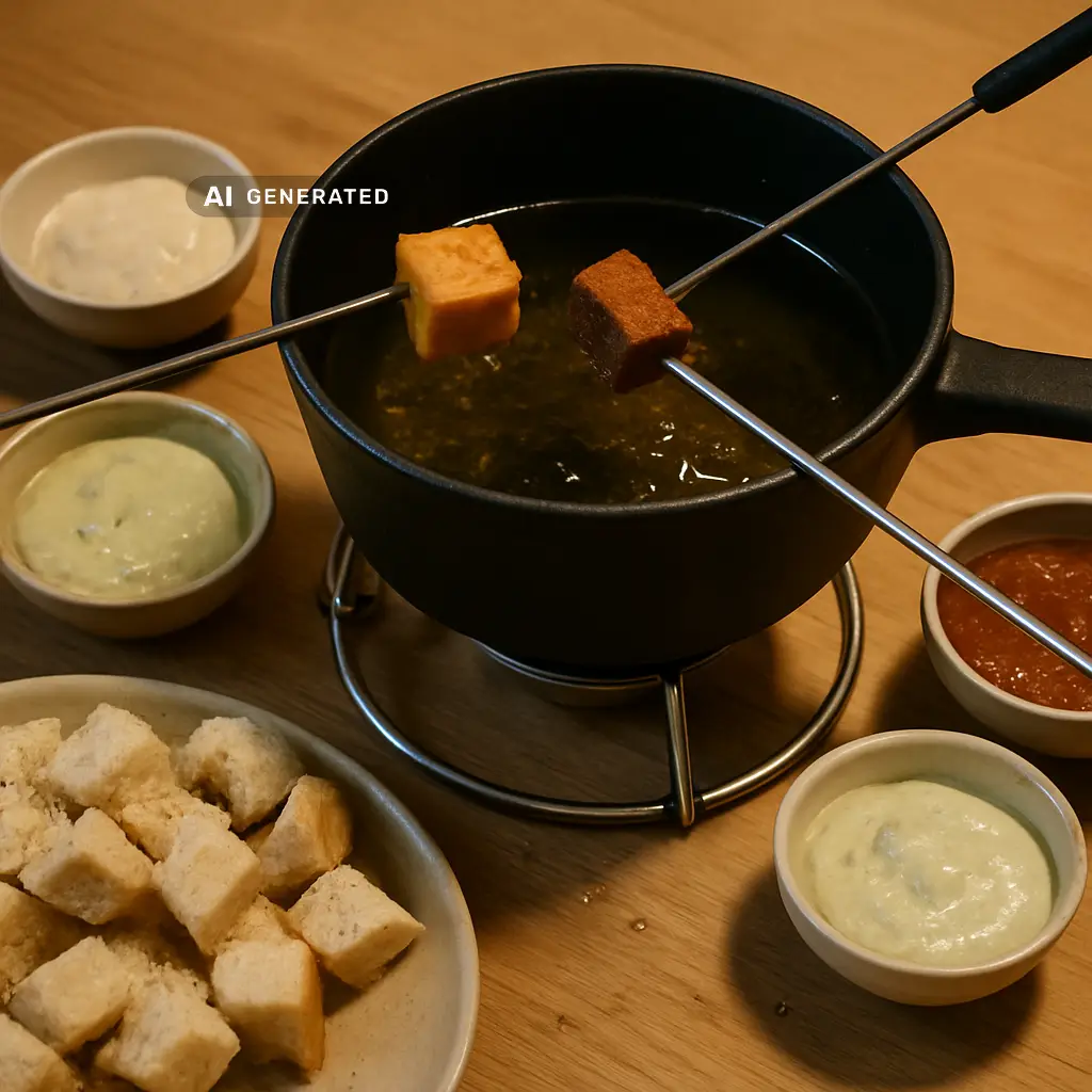 Veganes Fondue Bourguignonne mit mariniertem Tofu und Seitan am Tisch mit drei Dips