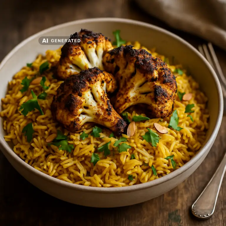 Veganes Mandi mit geräuchertem Blumenkohl – Veganes Mandi mit rauchig gegrilltem Blumenkohl auf duftendem Safranreis – die vegane Interpretation des viralen arabischen Reisgerichts.