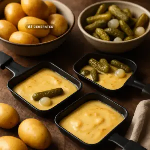 Veganes Raclette mit geschmolzenem pflanzlichem Käse, Kartoffeln und Essiggurken auf einem Holztisch