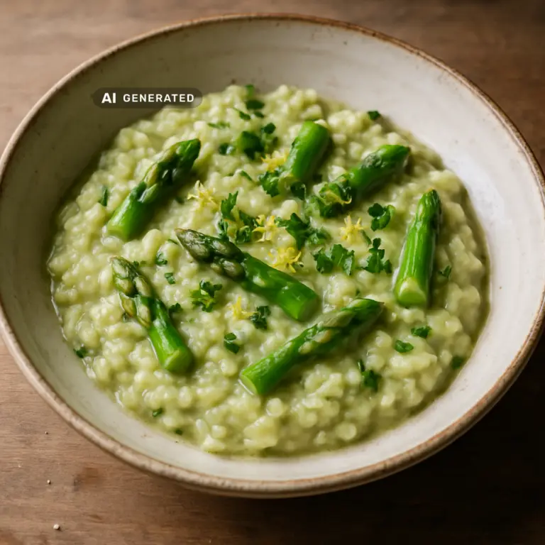Veganes Spargelrisotto mit Zitrone und Kräutern in einer rustikalen Schüssel