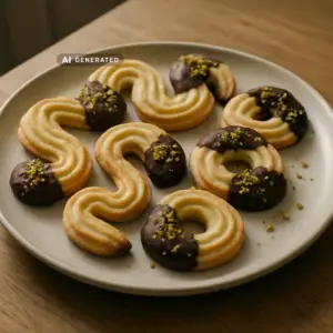 Veganes Spritzgebäck in S- und Ringform, halb in dunkle Schokolade getaucht und mit Pistazien bestreut