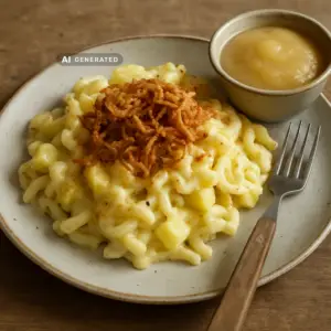 Vegane Älplermagronen mit Apfelmus in einer Schüssel, mit knusprigen Röstzwiebeln und einem Klecks Apfelmus serviert