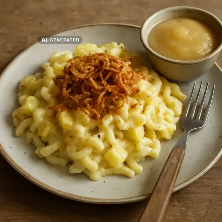 Vegane Älplermagronen mit Apfelmus in einer Schüssel, mit knusprigen Röstzwiebeln und einem Klecks Apfelmus serviert