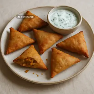 Vegane äthiopische Linsen-Sambusas mit Berbere-Gewürz, goldbraun frittiert, serviert mit Minz-Joghurt-Dip