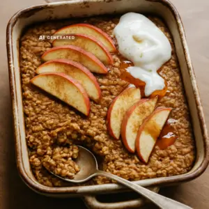 Vegane Baked Oats mit Apfel und Zimt in einer Auflaufform, mit Apfelspalten, Pflanzenjoghurt und Ahornsirup