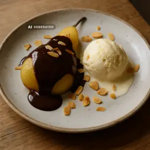 Vegane Birne Helene mit warmer Schokoladensauce, veganem Vanilleeis und gerösteten Mandelblättchen auf einem Teller