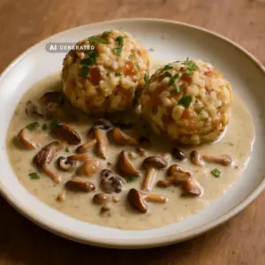Vegane Brezenknödel mit Waldpilzrahm, serviert mit frischer Petersilie auf einem Teller