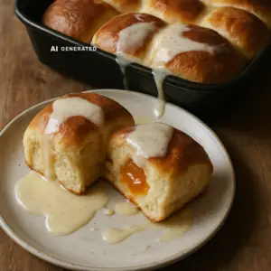 Vegane Buchteln mit Vanillesauce, aufgerissen mit sichtbarer Marillenmarmelade-Füllung und warmer Vanillesauce übergossen