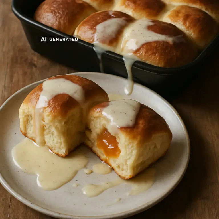 Vegane Buchteln mit Vanillesauce, aufgerissen mit sichtbarer Marillenmarmelade-Füllung und warmer Vanillesauce übergossen