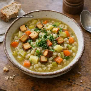 Vegane Bündner Gerstensuppe mit Räuchertofu in einer Schüssel, serviert mit frischer Petersilie