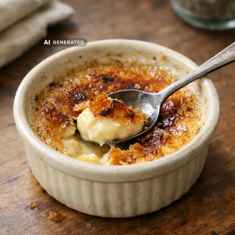 Vegane Crème brûlée mit Vanille und karamellisierter Zuckerkruste in einem Förmchen