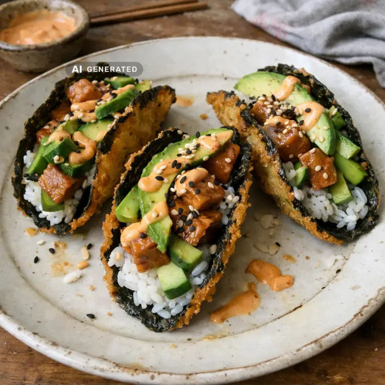 Vegane Crispy Sushi-Tacos mit knusprigen Nori-Schalen, Sushi-Reis, mariniertem Tofu, Avocado und veganer Spicy Mayo