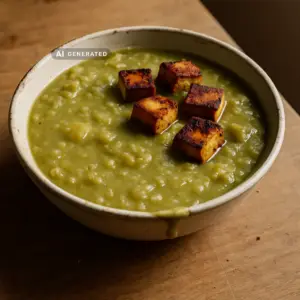 Vegane Erbsensuppe mit Räuchertofu in einer rustikalen Schüssel, angerichtet mit knusprigen Tofuwürfeln