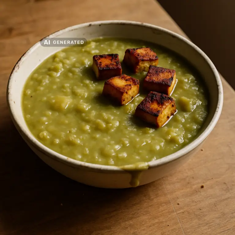 Vegane Erbsensuppe mit Räuchertofu in einer rustikalen Schüssel, angerichtet mit knusprigen Tofuwürfeln