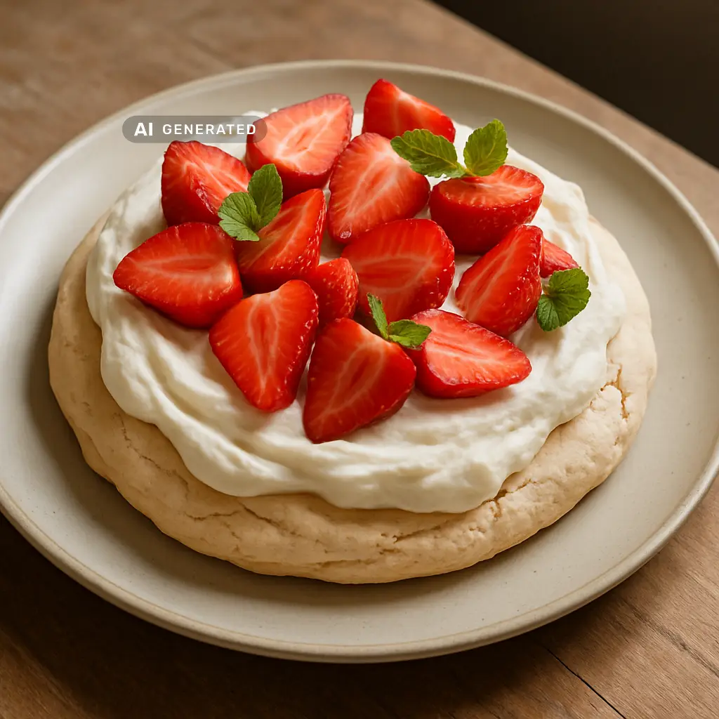 Vegane Erdbeer-Pavlova mit knusprigem Aquafaba-Baiser, pflanzlicher Sahne und frischen Erdbeeren