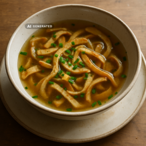 Vegane Frittatensuppe mit hauchdünnen Pfannkuchen-Streifen und frischem Schnittlauch in einer Suppenschale