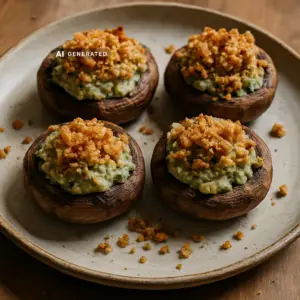 Vegane gefüllte Champignons mit Kräuter-Cashew-Füllung auf einem rustikalen Teller