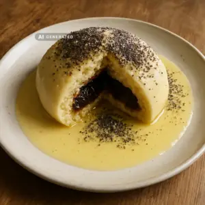 Vegane Germknödel mit Powidl und Mohn, aufgeschnitten mit Pflaumenmark-Füllung, serviert mit Vanillesauce