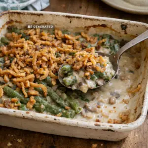 Vegane Green Bean Casserole mit grünen Bohnen in cremiger Champignonsauce und knusprigen Röstzwiebeln