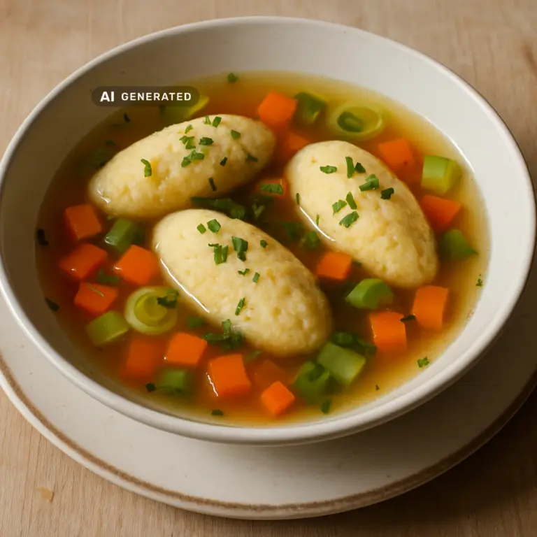 Vegane Grießnockerlsuppe mit fluffigen Grießnockerl, Karotten, Lauch und Sellerie in klarer Gemüsebrühe