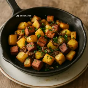 Vegane Gröstl-Pfanne mit Räuchertofu und knusprigen Röstkartoffeln in einer gusseisernen Pfanne