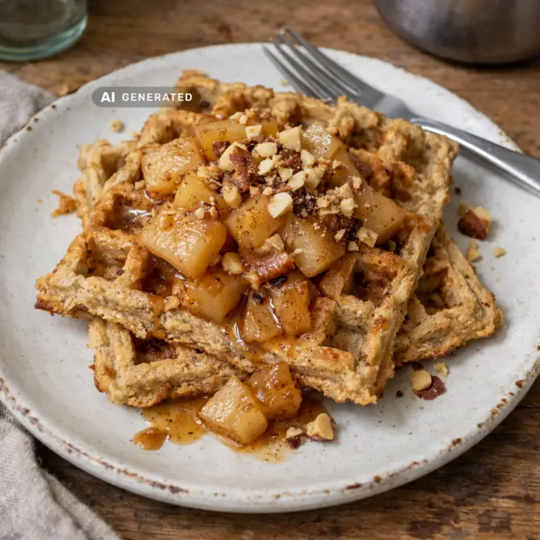 Vegane Haselnuss-Waffeln mit warmem Birnenkompott und Zimt auf einem Teller