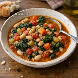 Vegane Herbst-Minestrone mit weißen Bohnen und Grünkohl in einer rustikalen Schüssel, serviert mit knusprigem Brot