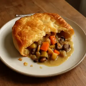 Vegane Herbstgemüse-Pot-Pie mit Blätterteighaube, aufgeschnitten auf einem Teller mit sichtbarer cremiger Gemüsefüllung aus Pastinaken, Karotten und Pilzen