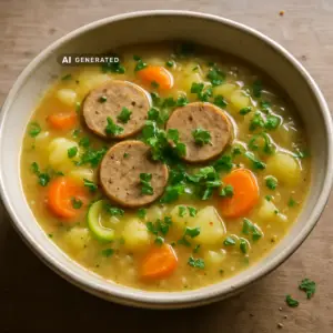 Vegane Kartoffelsuppe mit Majoran und Scheiben veganer Würstchen in einer rustikalen Schüssel, garniert mit frischer Petersilie