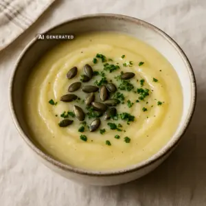 Vegane Kohlrabi-Cremesuppe mit Apfel und geröstetem Kümmel in einer Schale