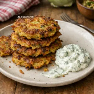 Vegane Kohlrabi-Puffer mit Dill-Joghurt-Dip auf einem Teller, goldbraun gebraten und mit frischem Dill garniert
