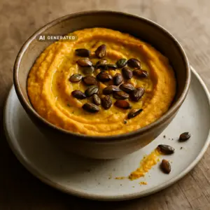 Vegane Kürbis-Hummus mit Rosmarin-Öl in einer Keramikschale, serviert mit gerösteten Kürbiskernen