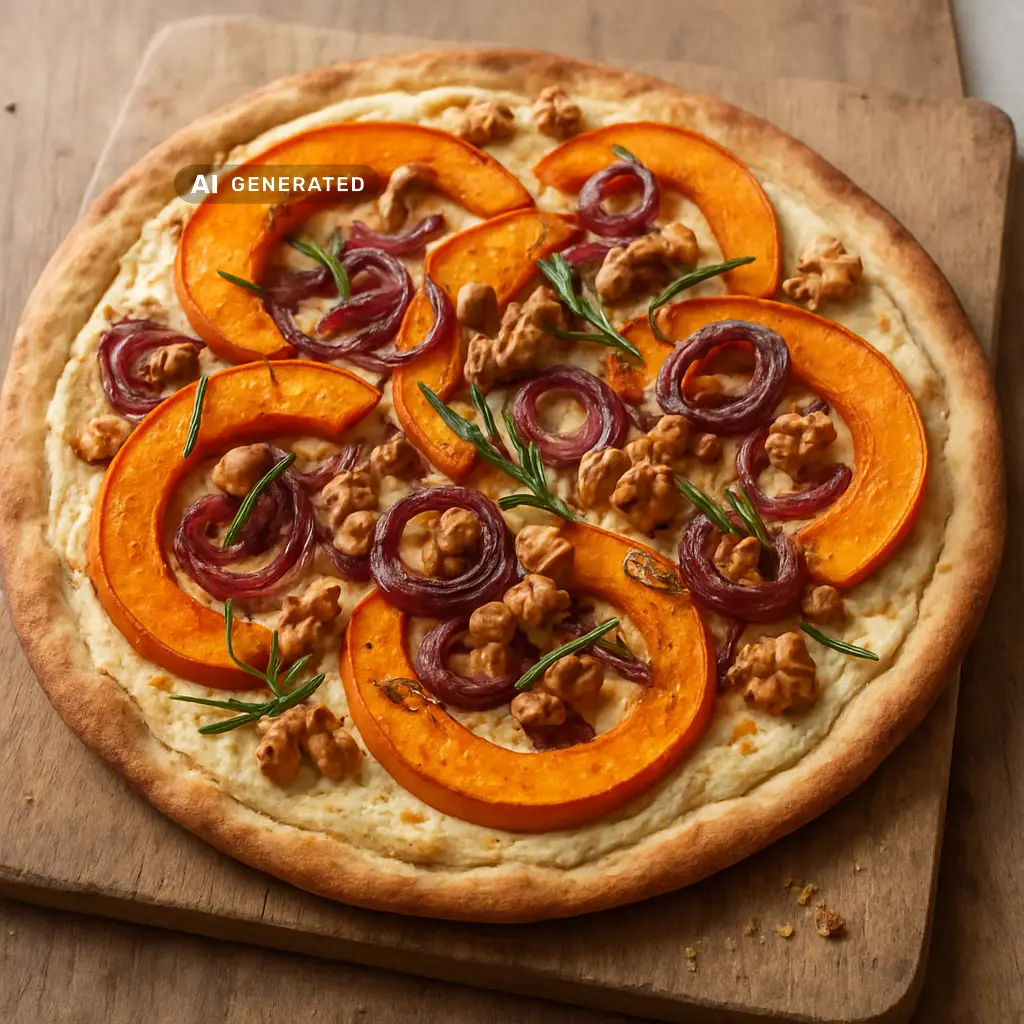 Vegane Kürbis-Pizza mit Rosmarin-Cashewcreme, dünnen Hokkaido-Kürbis-Scheiben und karamellisierten Zwiebeln
