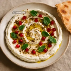 Vegane Labneh mit Za'atar-Öl, Granatapfelkernen und Fladenbrot auf einem Teller