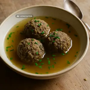 Vegane Leberknödelsuppe mit drei Knödeln aus Linsen und Pilzen in klarer Brühe, garniert mit Schnittlauch