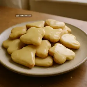 Vegane Mailänderli mit Zitronen-Zuckerguss, gestapelt auf einem Teller – Schweizer Weihnachtsplätzchen komplett pflanzlich