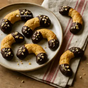 Vegane Mandelhörnchen mit Schokoladenguss und gehackten Mandeln auf einem Teller