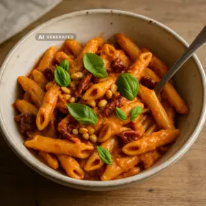 Vegane Marry Me Pasta mit cremiger Sonnentomaten-Sauce, Cashewsahne, Basilikum und Pinienkernen in einer Schüssel