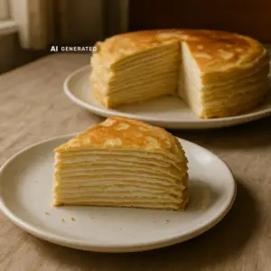 Angeschnittene vegane Mille-Crêpe-Torte mit sichtbaren dünnen Crêpe-Schichten und Vanille-Creme