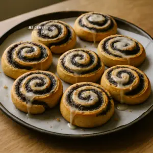 Vegane Mohnschnecken mit Vanilleguss, acht frisch gebackene Hefeschnecken mit Mohnfüllung auf einem Backblech