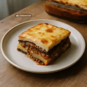 Vegane Moussaka mit Auberginen, Kartoffeln und Bechamel-Haube, angeschnitten auf einem Teller