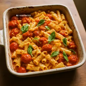 Vegane Ofen-Feta-Pasta mit Cherrytomaten und Knoblauch in einer rustikalen Auflaufform, garniert mit Basilikum
