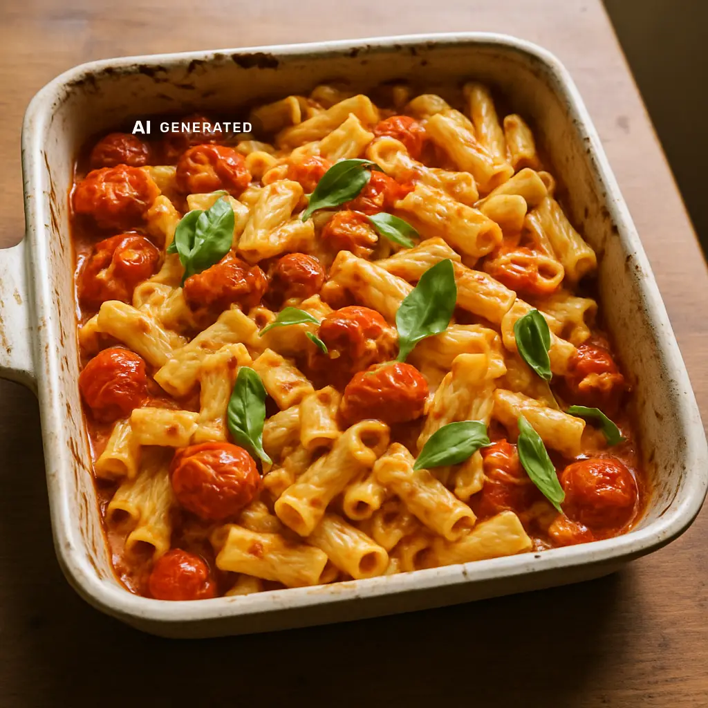 Vegane Ofen-Feta-Pasta mit Cherrytomaten und Knoblauch in einer rustikalen Auflaufform, garniert mit Basilikum