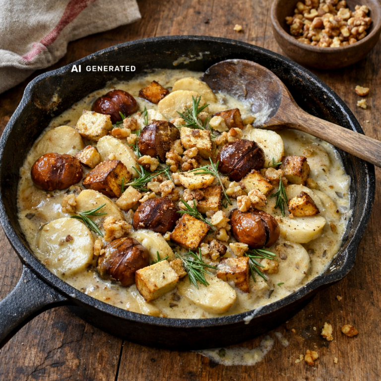 Cremige vegane Pastinaken-Maronen-Pfanne mit Räuchertofu und Rosmarin in einer gusseisernen Pfanne