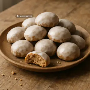 Vegane Pfeffernüsse mit Zuckerguss auf einem Holzteller gestapelt