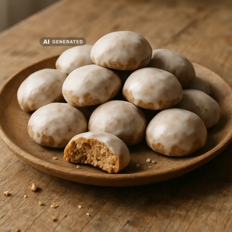 Vegane Pfeffernüsse mit Zuckerguss auf einem Holzteller gestapelt