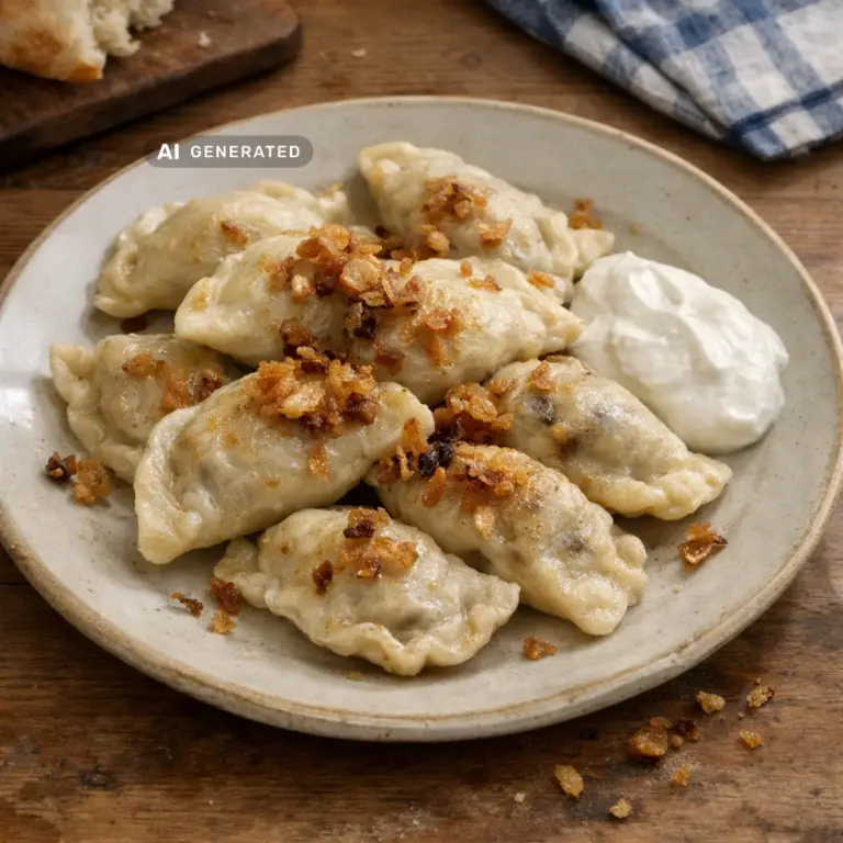 Vegane Pieroggi mit Kartoffel-Pilz-Füllung und knusprigen Röstzwiebeln auf einem Teller